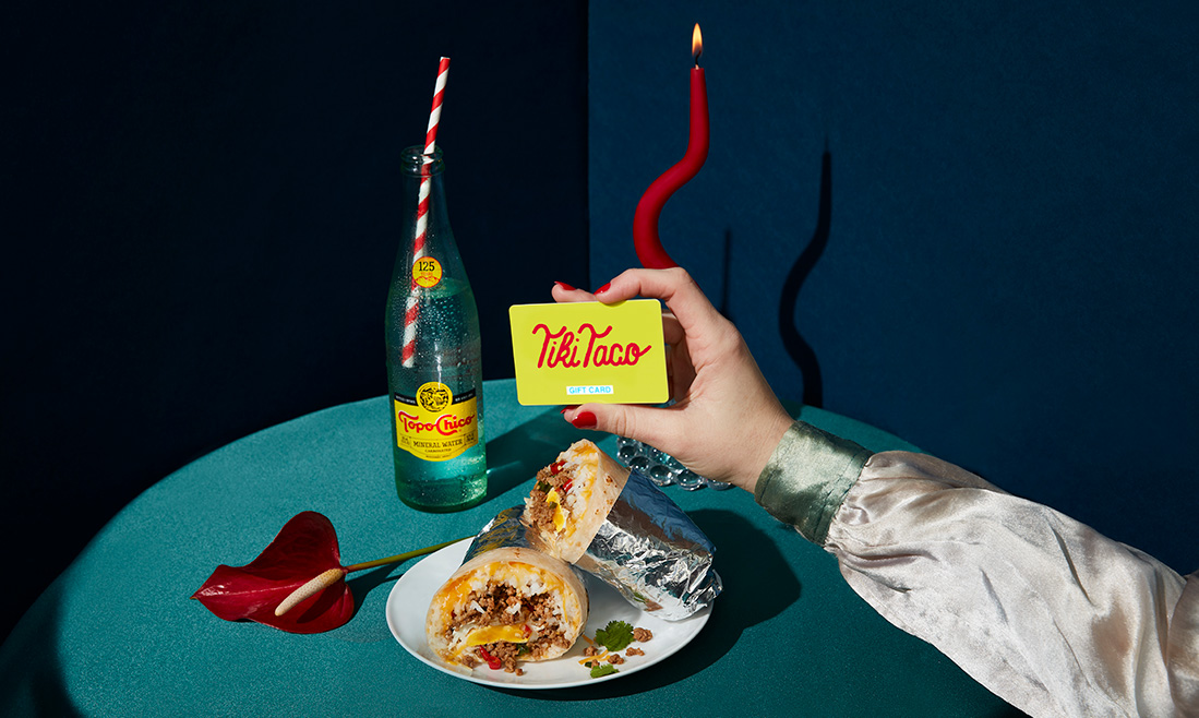 Tiki Taco Date Night with a burrito, Topo Chico, and Gift Card.