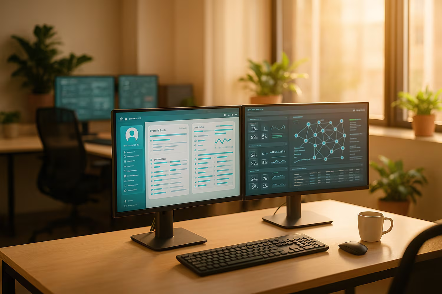 Warm morning-lit computerized business services