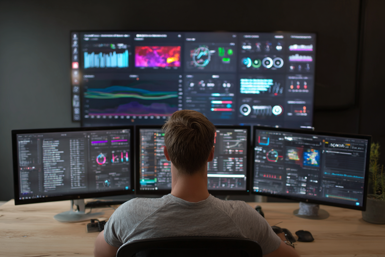 AboutIT cybersecurity specialist reviewing security dashboards and alerts on multiple monitors