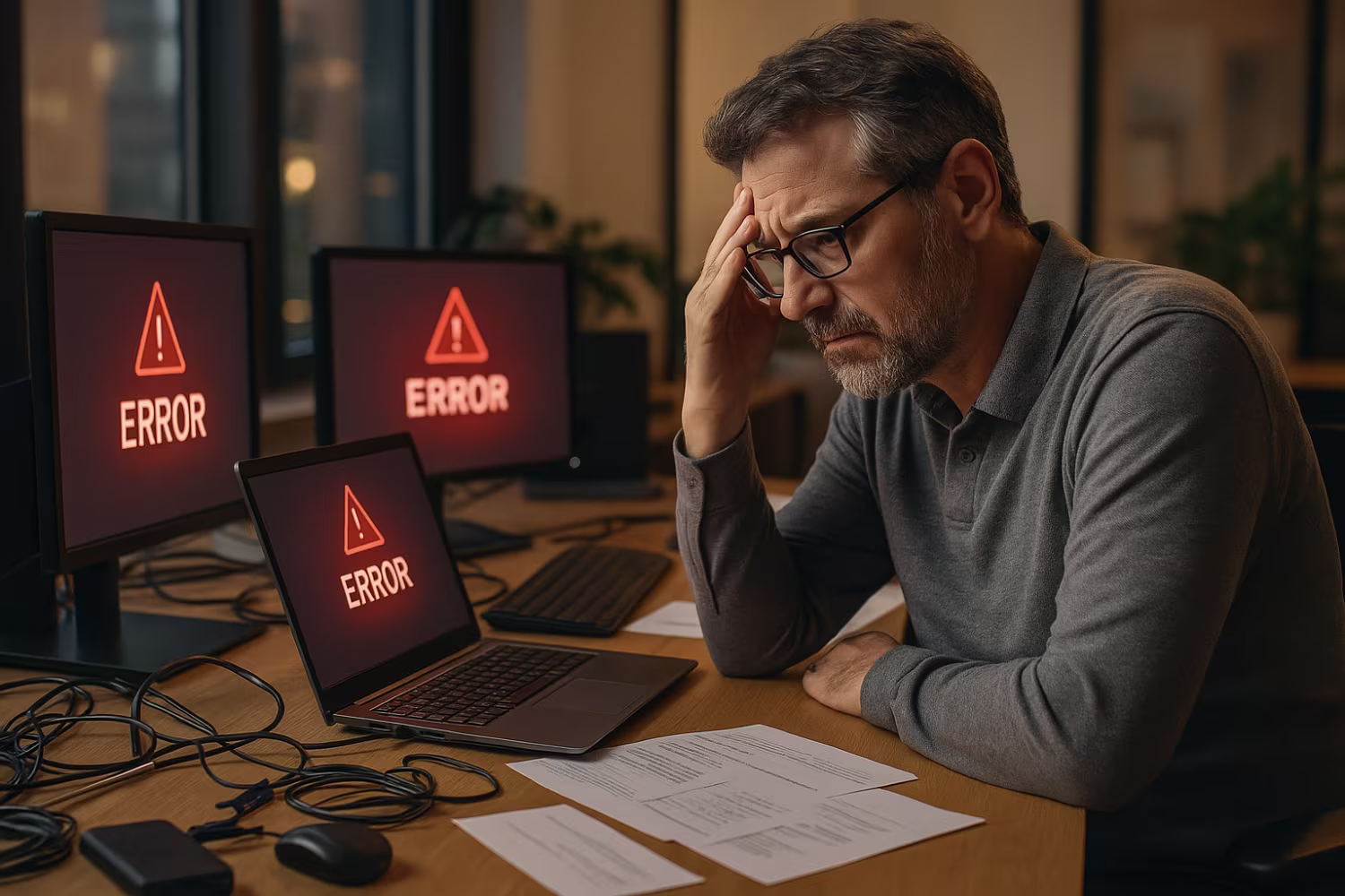 Concerned IT professional analyzing outsourcing errors