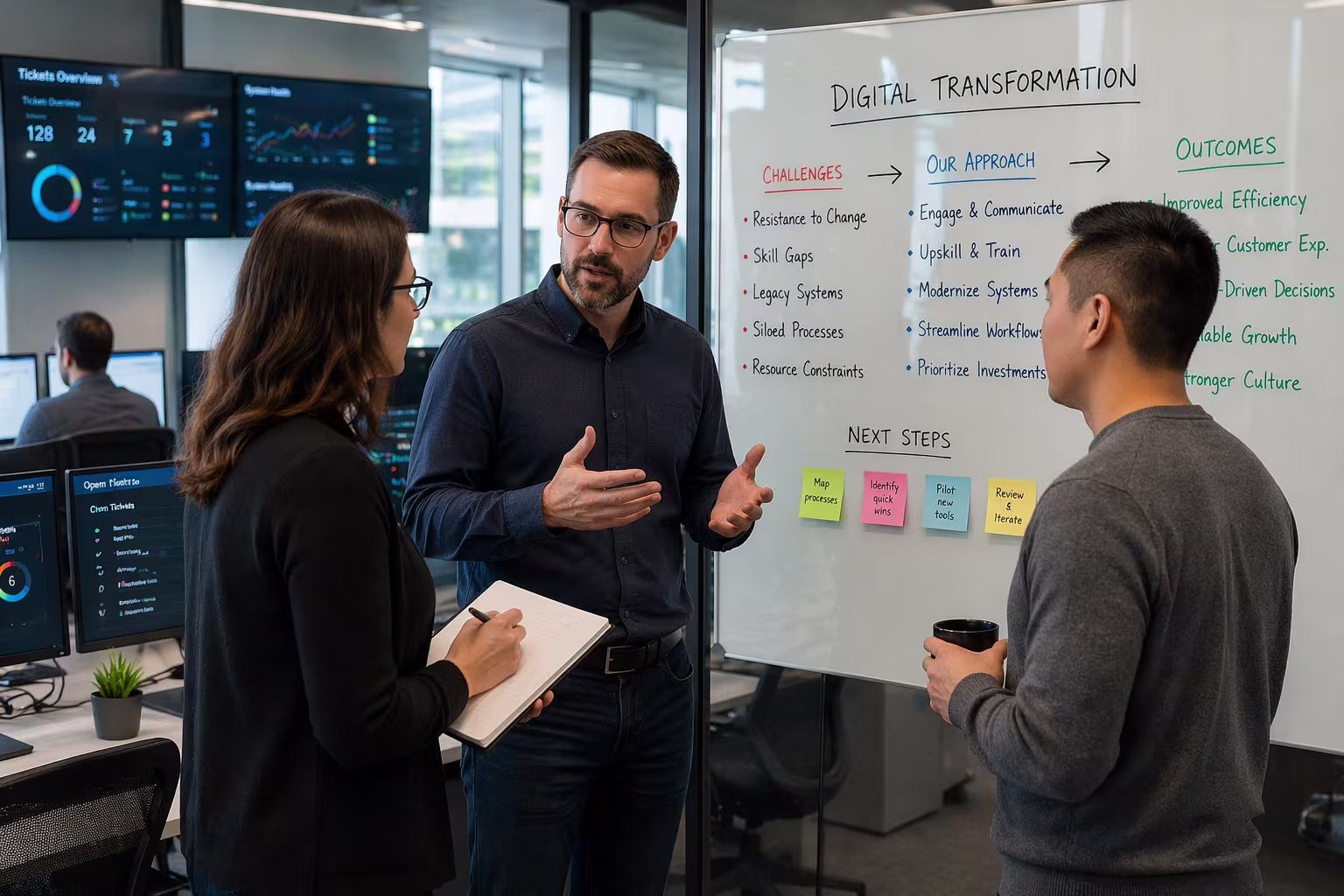 Professionals discussing digital transformation obstacles