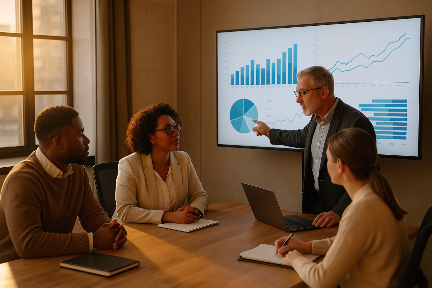 Diverse professionals analyzing IT cost analysis graph