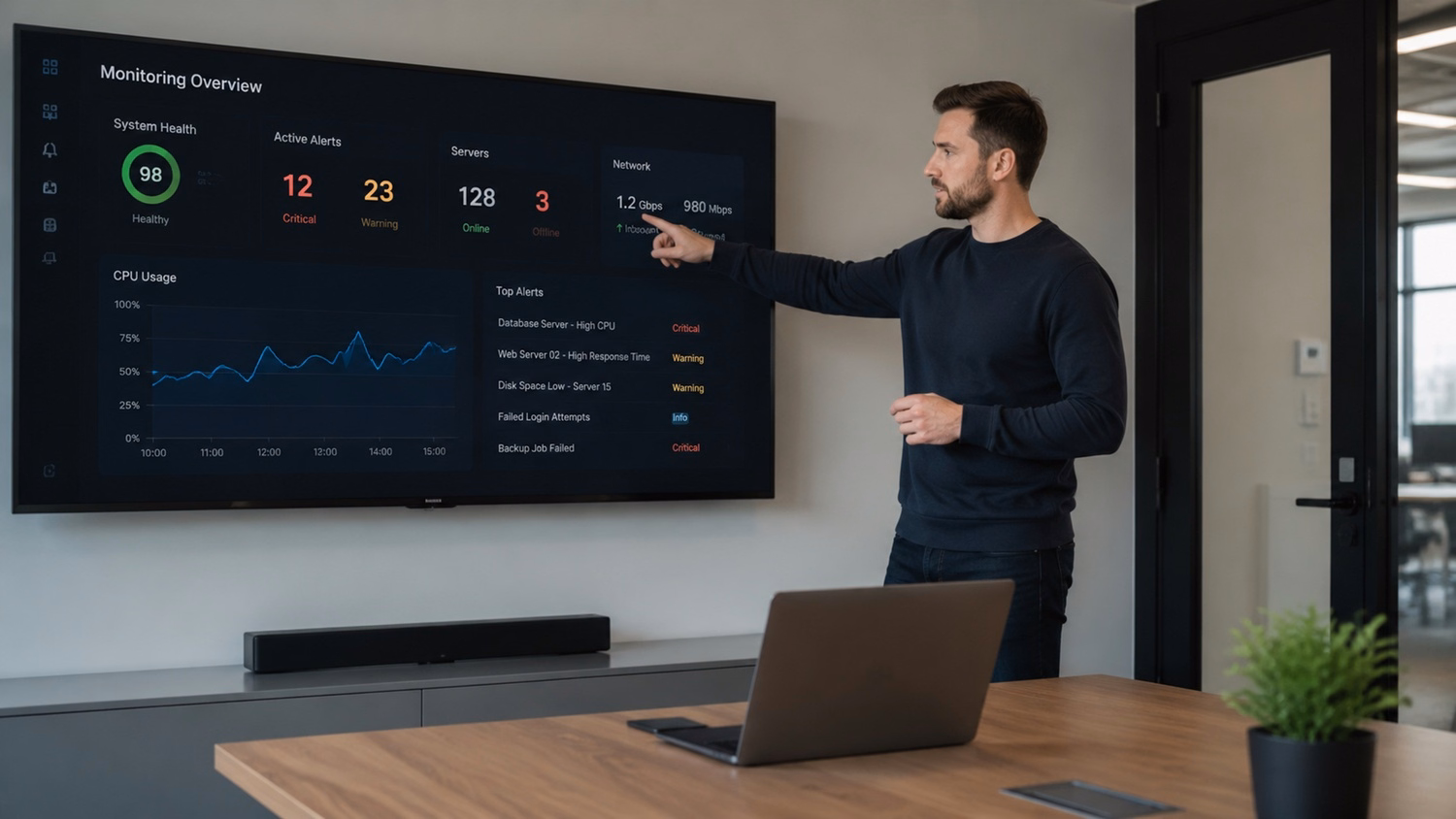 PRESENTATION SCREEN An IT professional one person standing beside a large wa