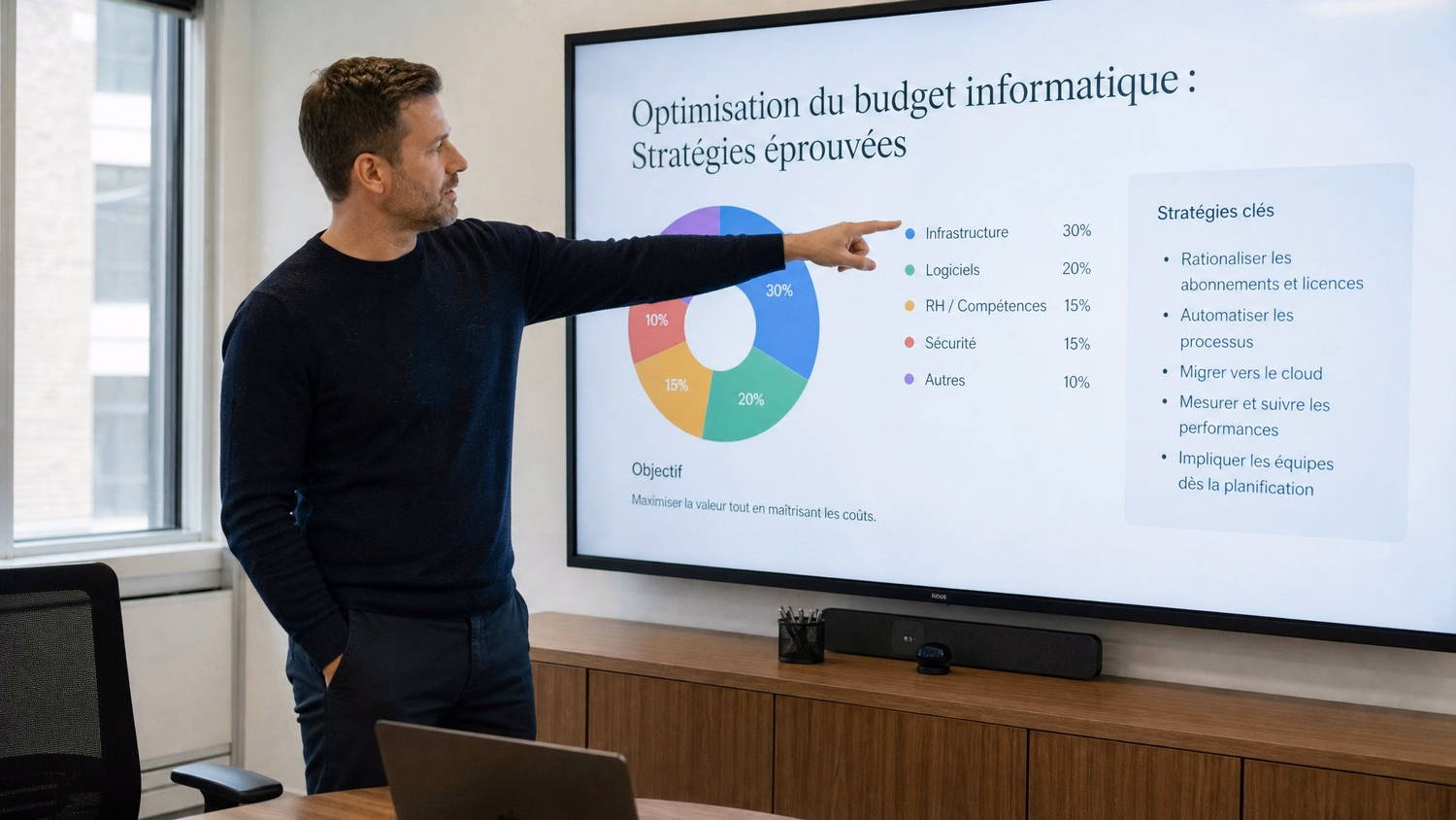 PRESENTATION SCREEN An IT professional one person standing beside a large wa