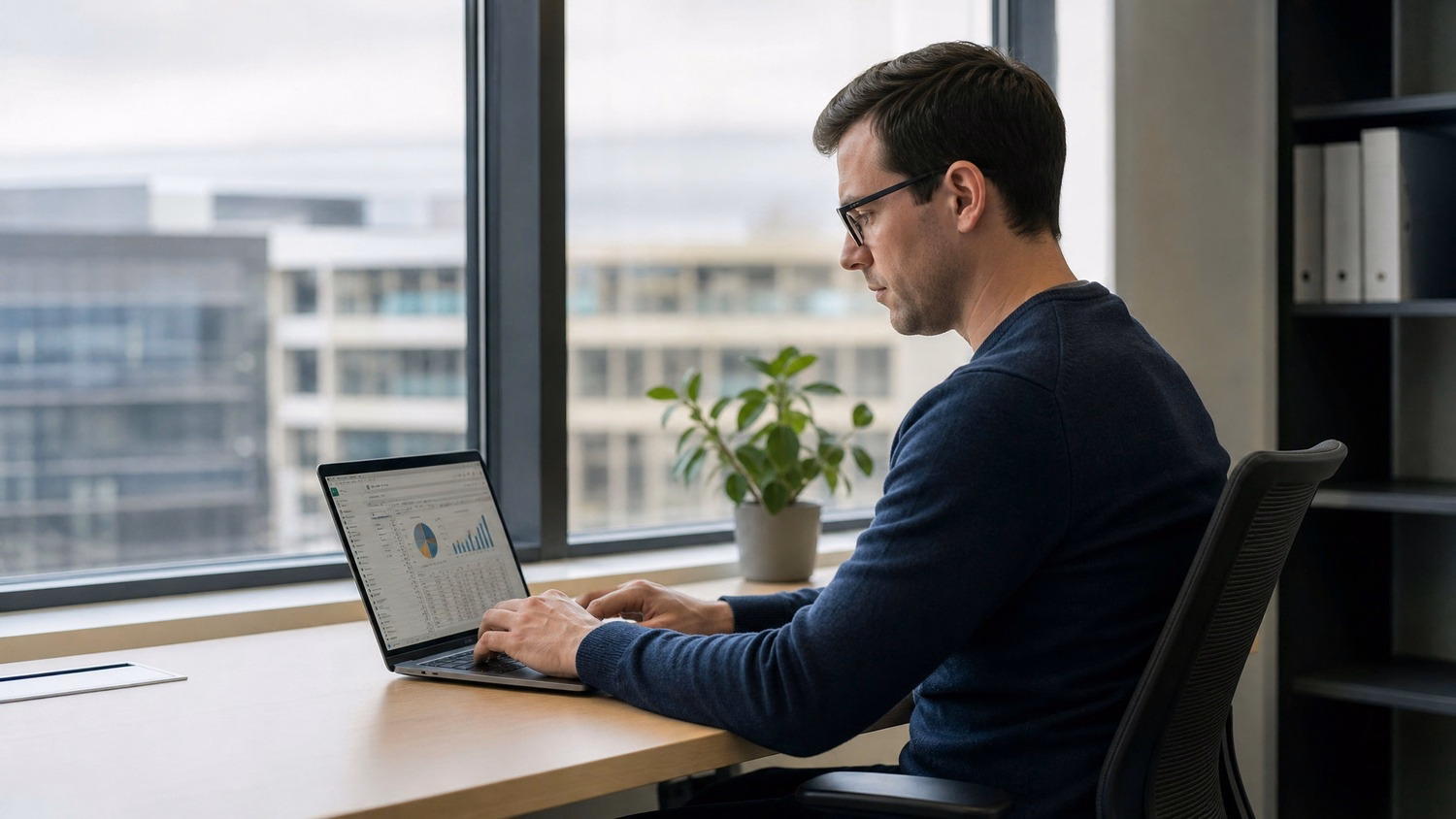 WINDOW SEAT LAPTOP An IT professional one person working on a laptop at a de