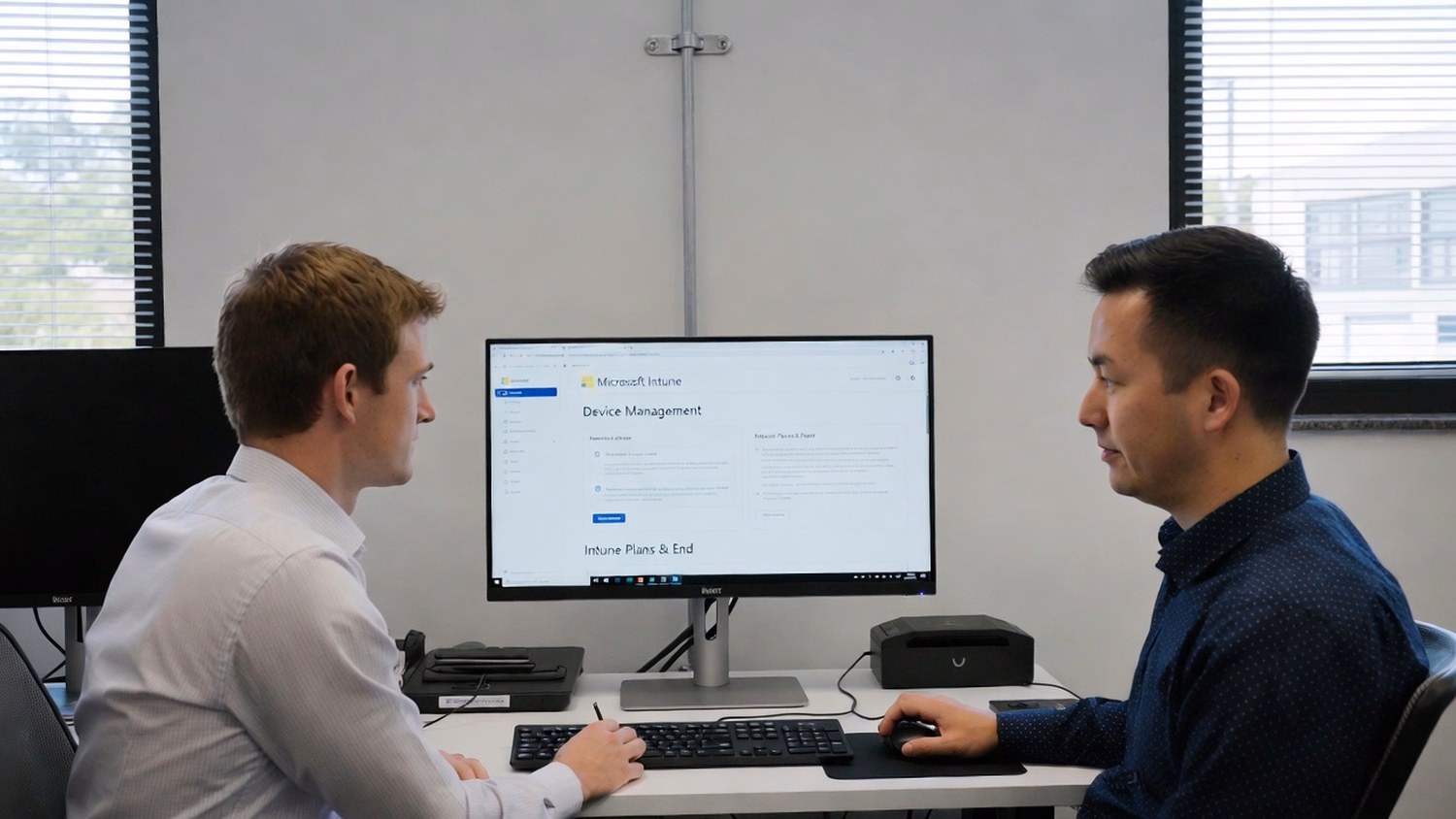 SIDE-BY-SIDE PAIR An IT professional two people seated side by side reviewin
