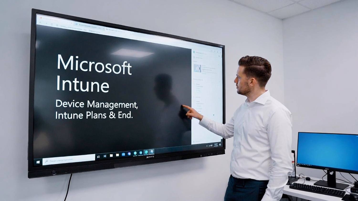 PRESENTATION SCREEN An IT professional one person standing beside a large wa