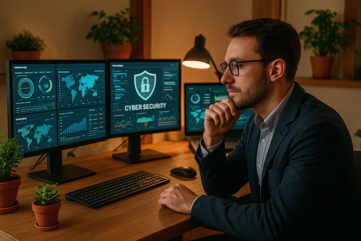 IT professional analyzing ransomware protection dashboards