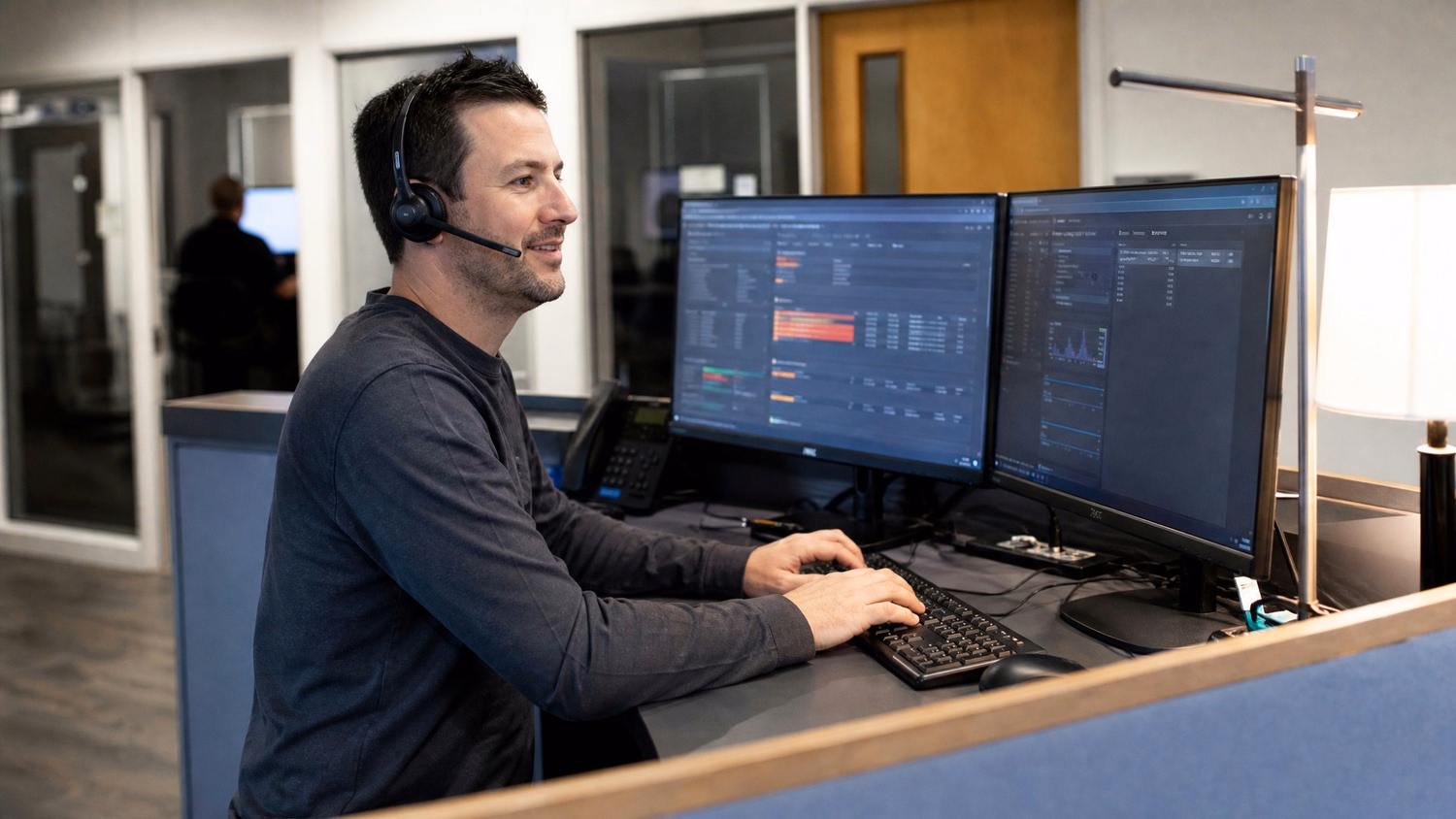 Help desk technician monitors system alerts on monitors 64 chars