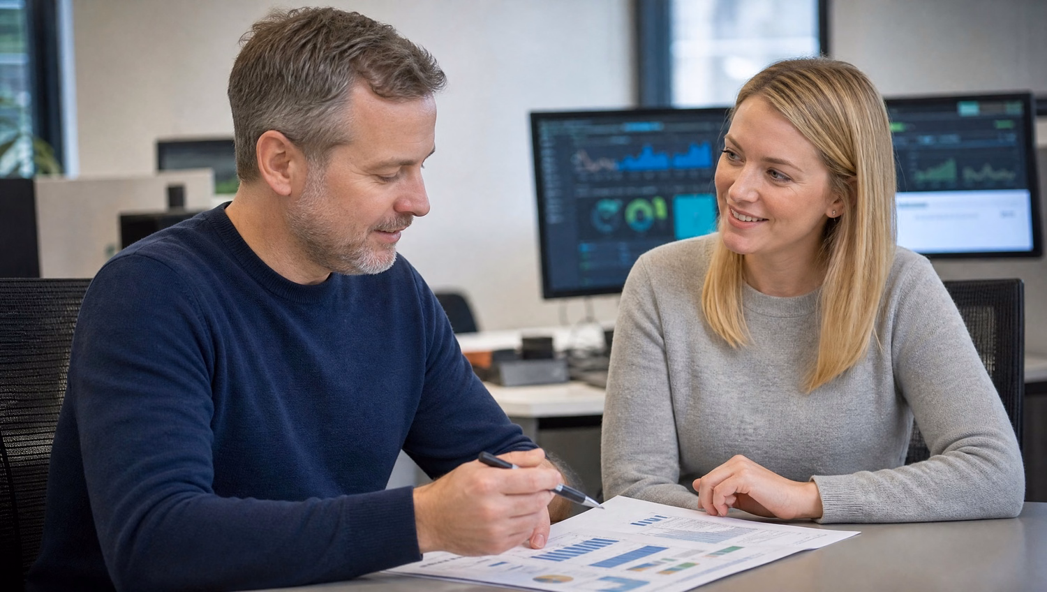 Security team discusses network report with charts
