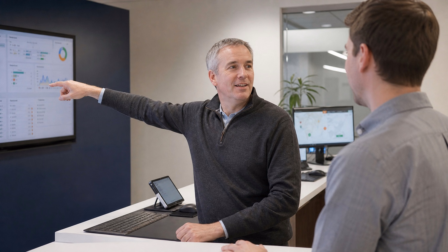 IT manager points at network dashboard to visitor