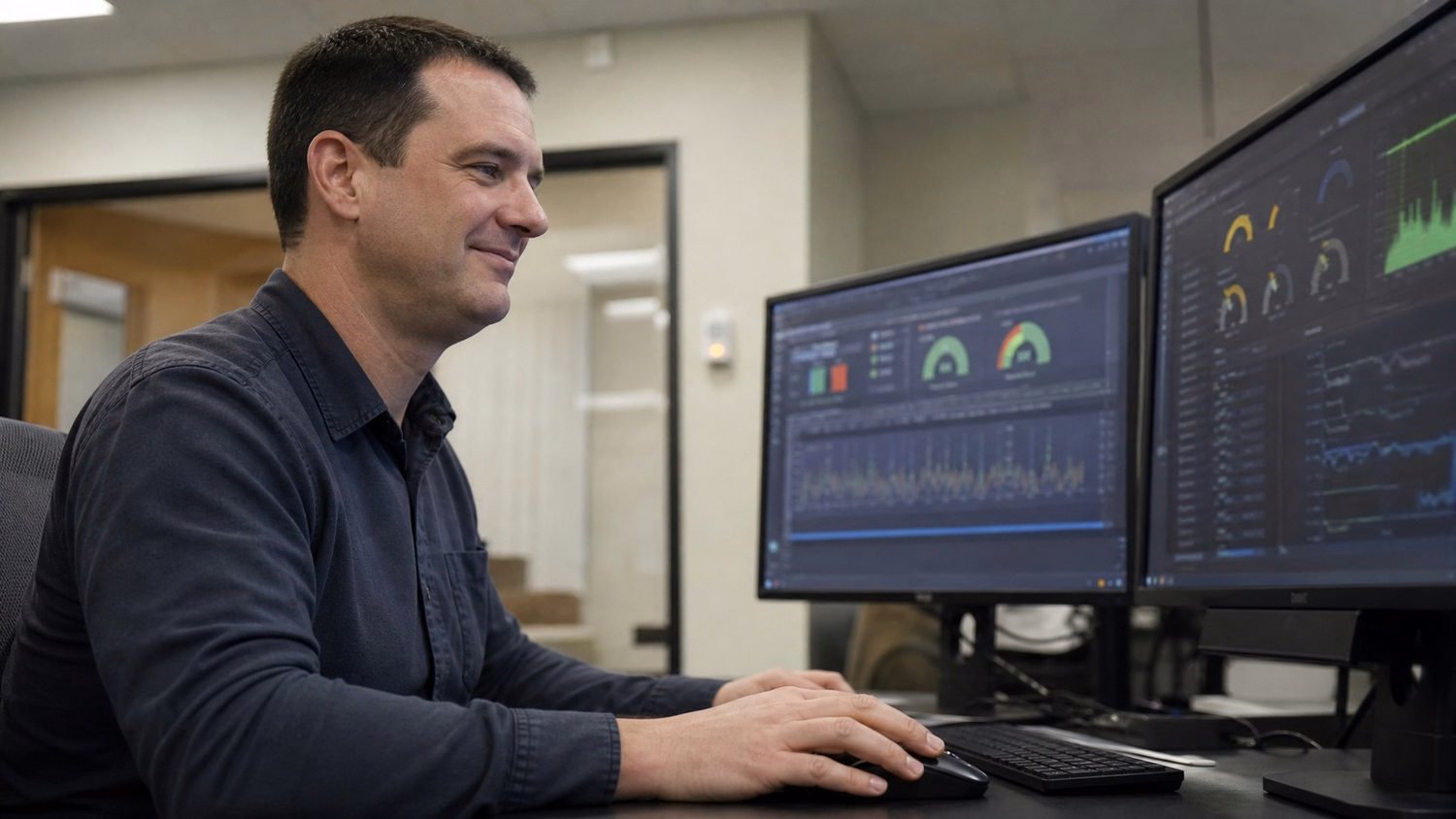 IT professional analyzes server CPU usage on dual monitors 47 chars
