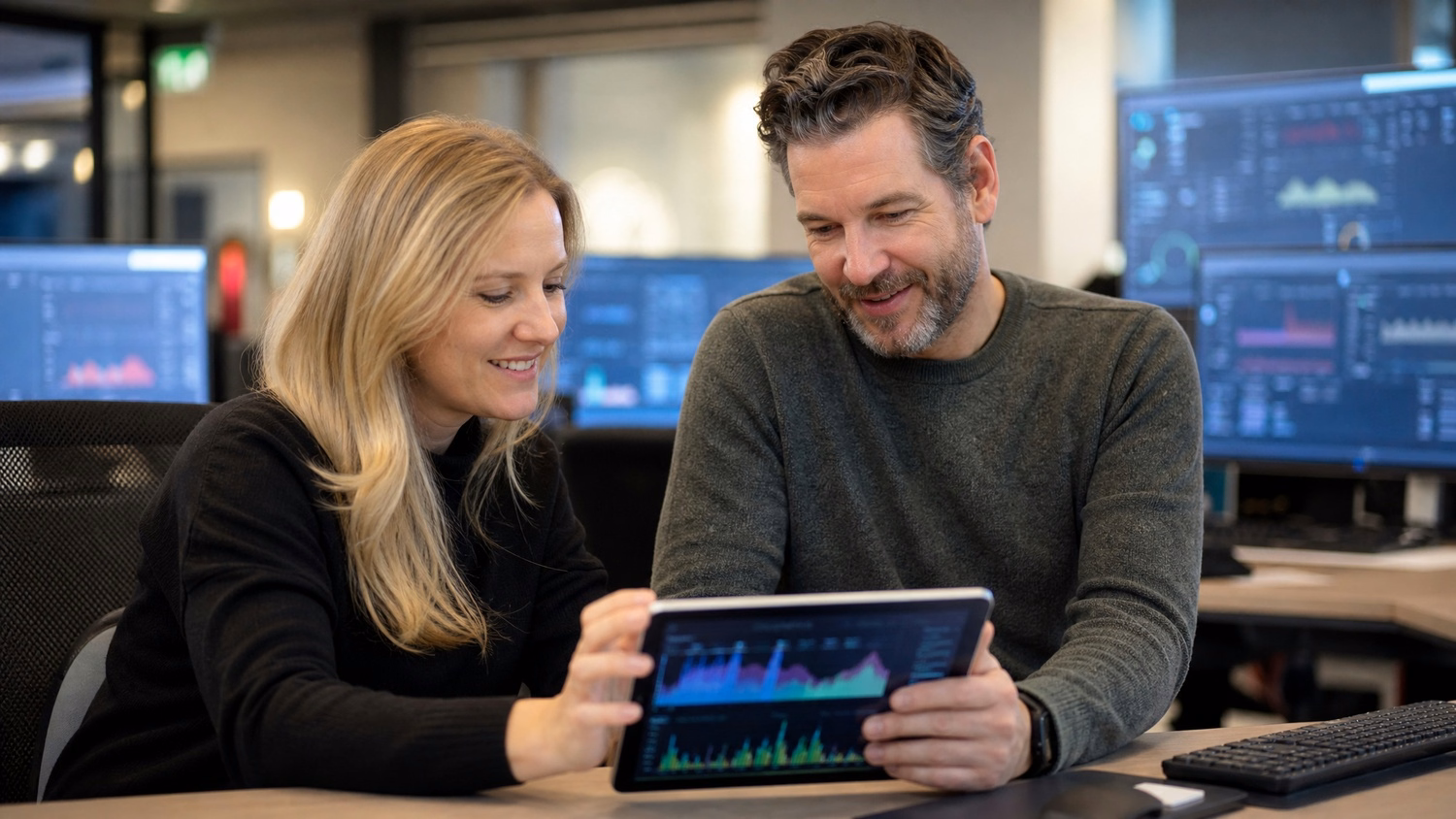 Network analysts review tablet data for traffic flow