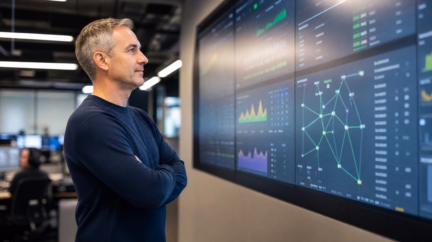 IT technician studying wall display network dashboard 58 chars