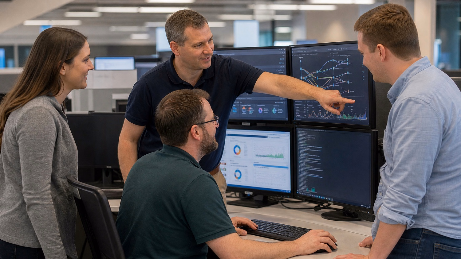 IT team collaborating around network monitoring display 60 chars