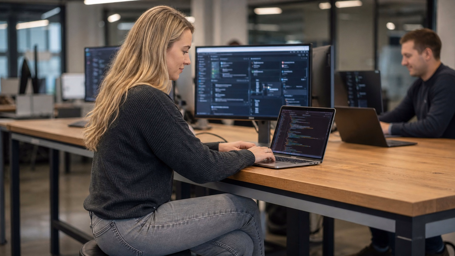 IT professional typing code at bar-height desk stool