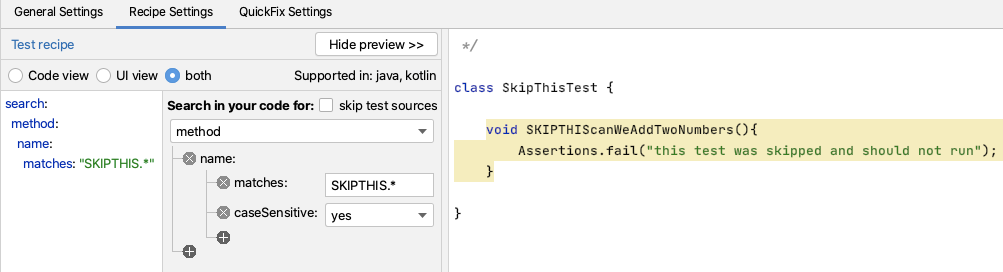 Recipe settings to skip a test