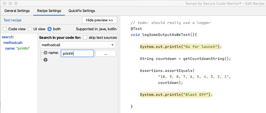 Recipe Settings Methodcall Println