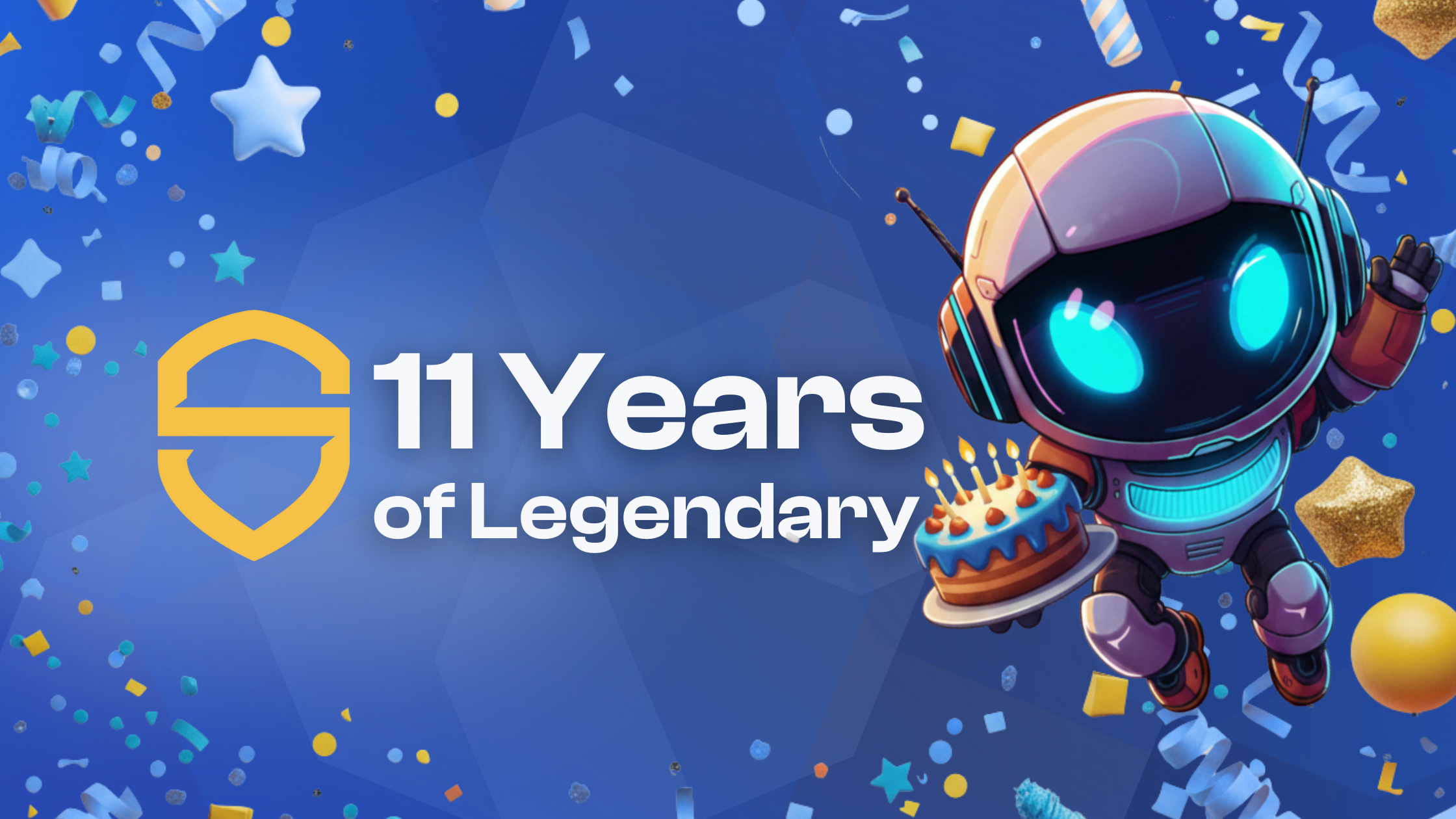 축하하는 생일 이미지로, 색종이 조각과 케이크를 들고 있는 로봇이 등장합니다.