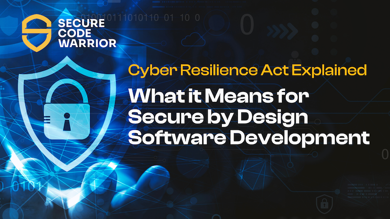 Bannière promotionnelle numérique pour Secure Code Warrior « Explication de la loi sur la cyber-résilience : ce qu'elle signifie pour le développement de logiciels sécurisés dès la conception ». L'arrière-plan présente des motifs holographiques bleus représentant des données, une icône de cadenas lumineux à l'intérieur d'un bouclier et du code binaire, symbolisant la cybersécurité et la protection des logiciels.