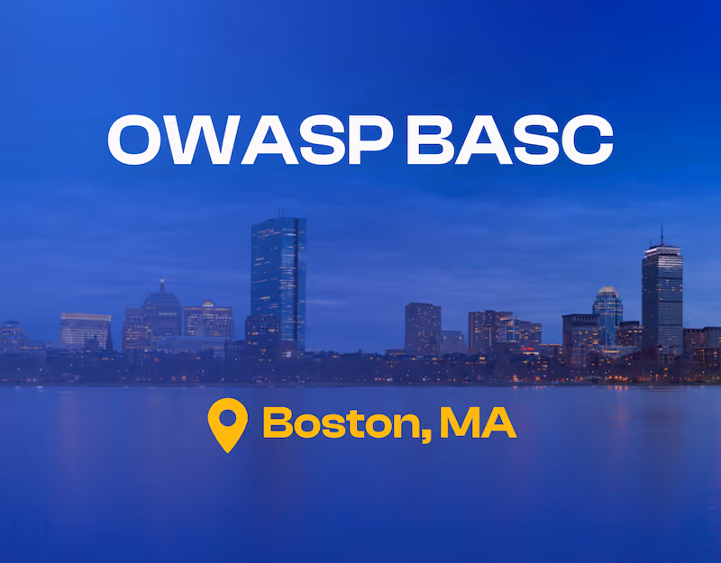 波士顿城市天际线，前景为蓝色，上方标有"OWASP BASC"和"Boston, MA"字样。
