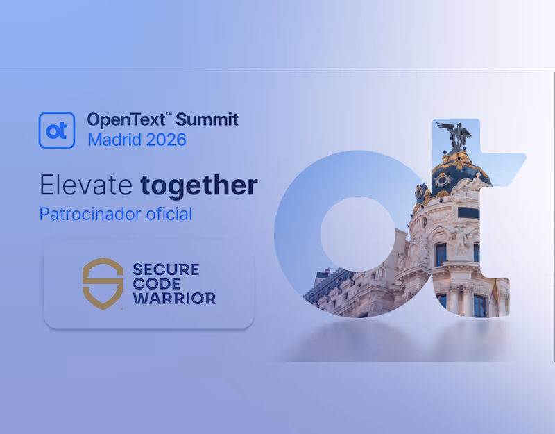 OpenText Summit Madrid 2026のプロモーション用グラフィック。スローガンは「Elevate together（共に高みへ）」。デザインには、文字「ot」の大きな切り抜き越しに見えるマドリードのスカイラインと、Secure Code Warrior 配置されている。