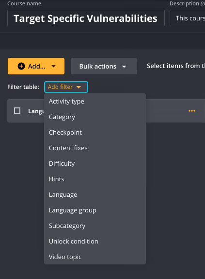 Screenshot of secure coding courses filters.