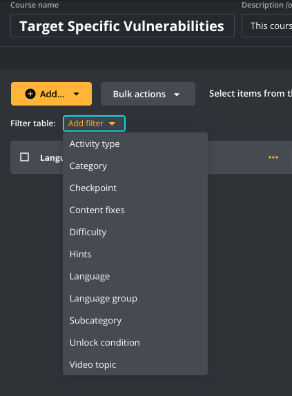 Screenshot of secure coding courses filters.