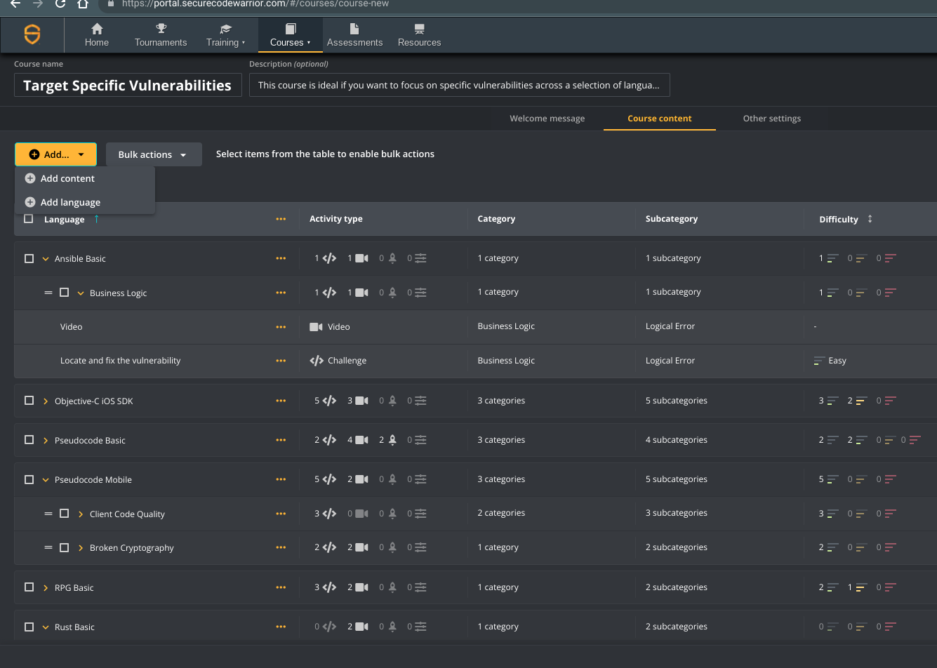 Screenshot of secure coding courses tabular view.