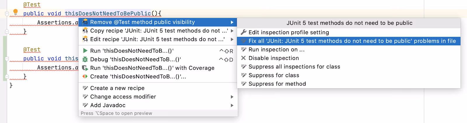 Remove Test Method Public Visibility