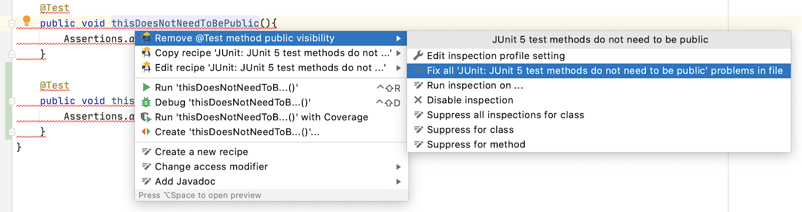 Remove Test Method Public Visibility