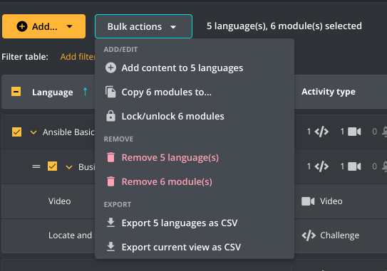Apply bulk actions to all or selected table data