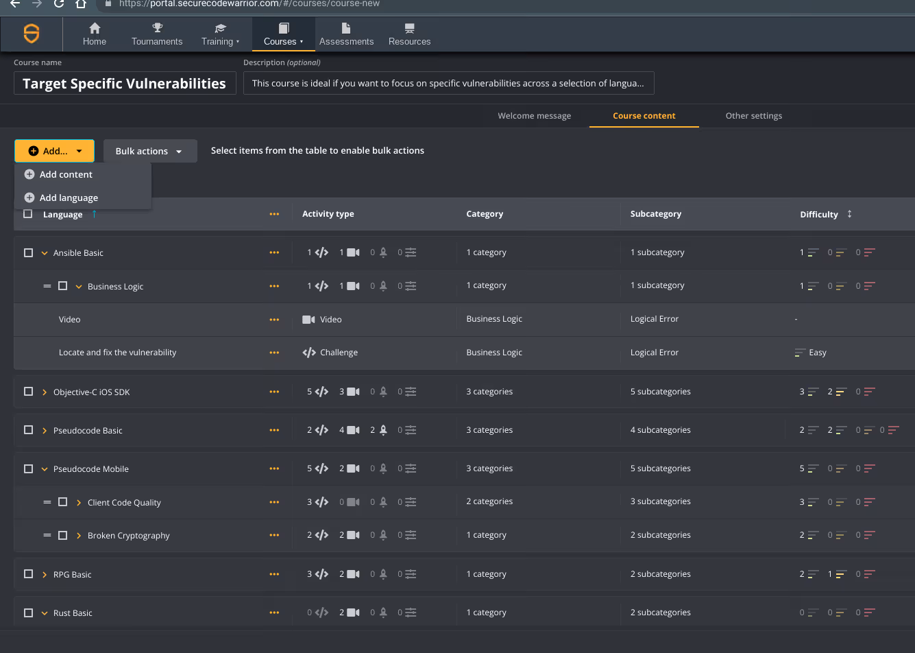 Screenshot of secure coding courses tabular view.