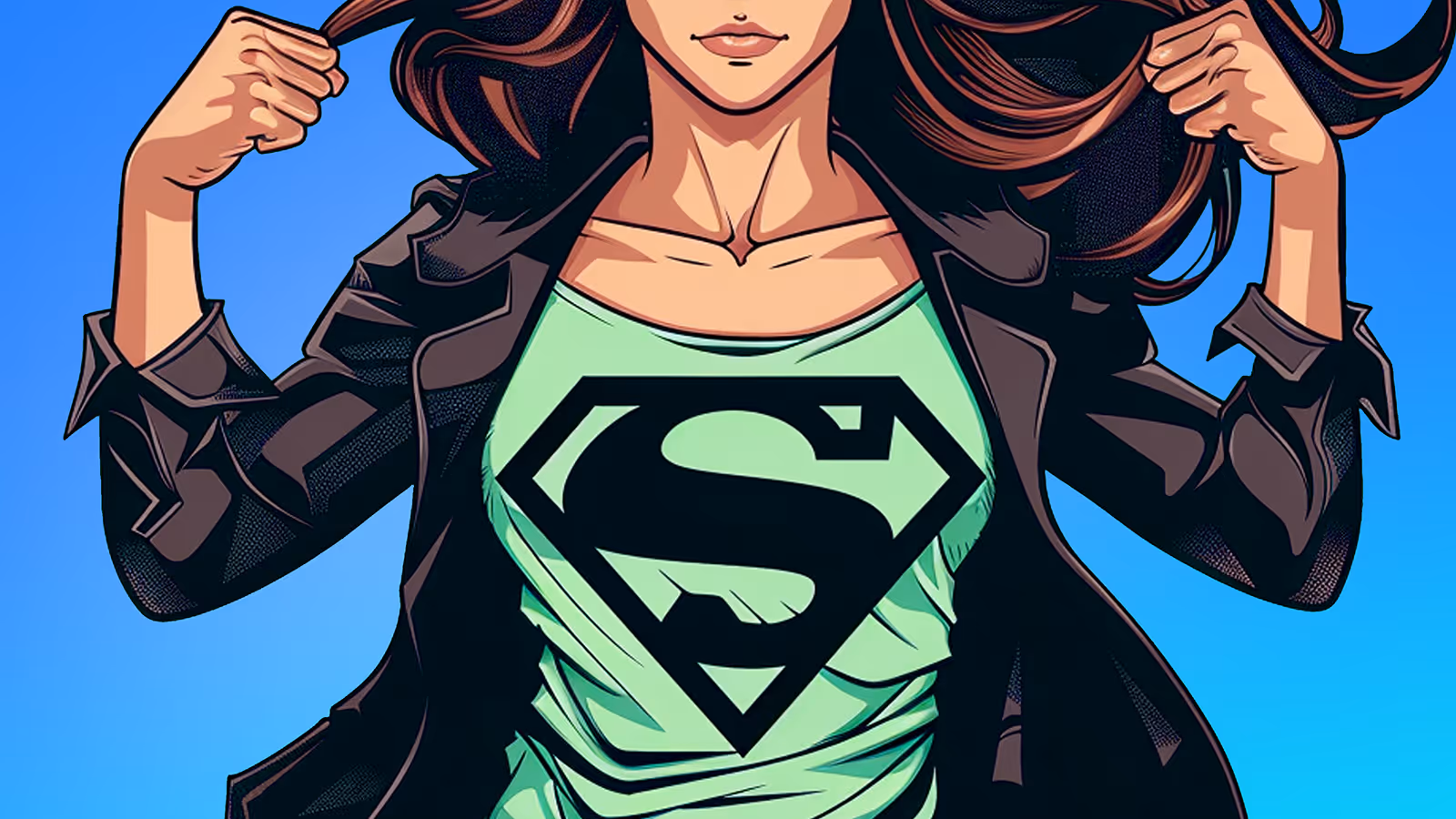 Illustration of woman pulling open her shirt to reveal a black Superman logo on a green top.