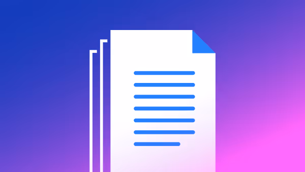 Stack of white documents with blue text lines on a gradient blue to pink background.