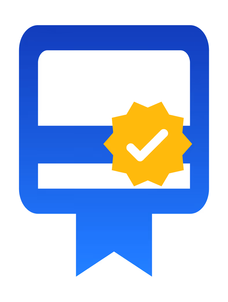 Illustration of a certificate with a gold verification badge and ribbon