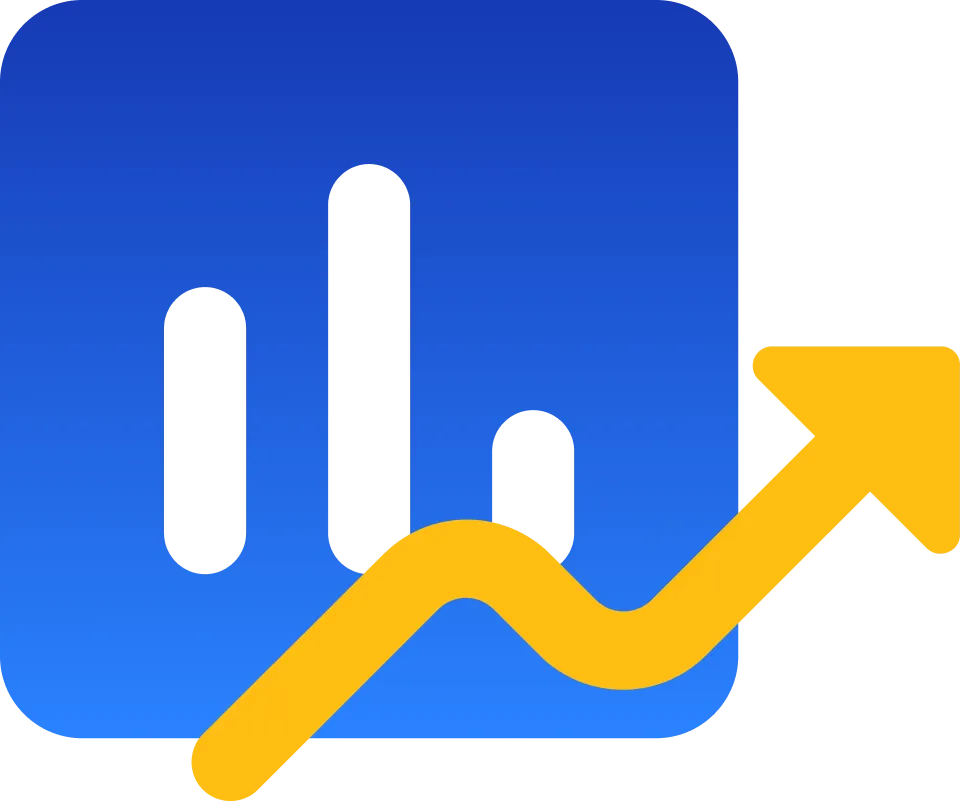Bar chart icon with an upward gold trend arrow, representing progress reporting to leadership