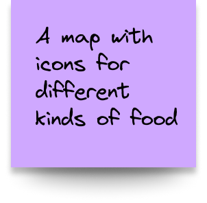 A sticky note that reads a map with icons for different kinds of food