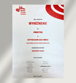 Photo of the Mobile Trends Awards distinction for PREBYTES