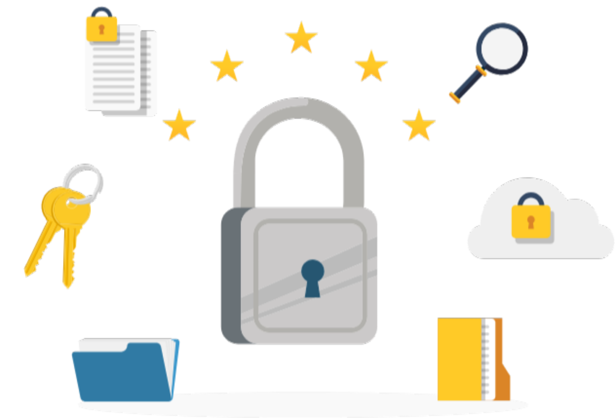 Large padlock surrounded by icons of keys, folders, a cloud, and a magnifying glass.
