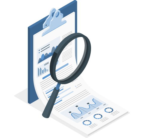 Illustration of a magnifying glass over a report with charts.