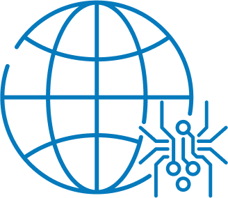 Blue icon of an internet network with a circuit board pattern in the bottom right corner.