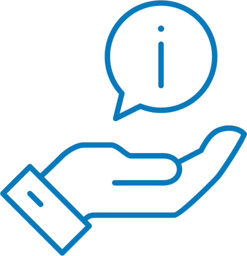 Blue licon of a hand cradling an information speech bubble.