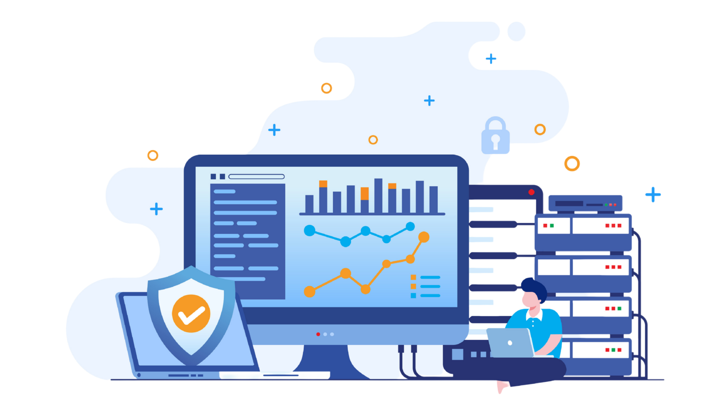 A person using a laptop in front of a large monitor displaying data charts, next to a server rack and a second laptop with a shield icon.
