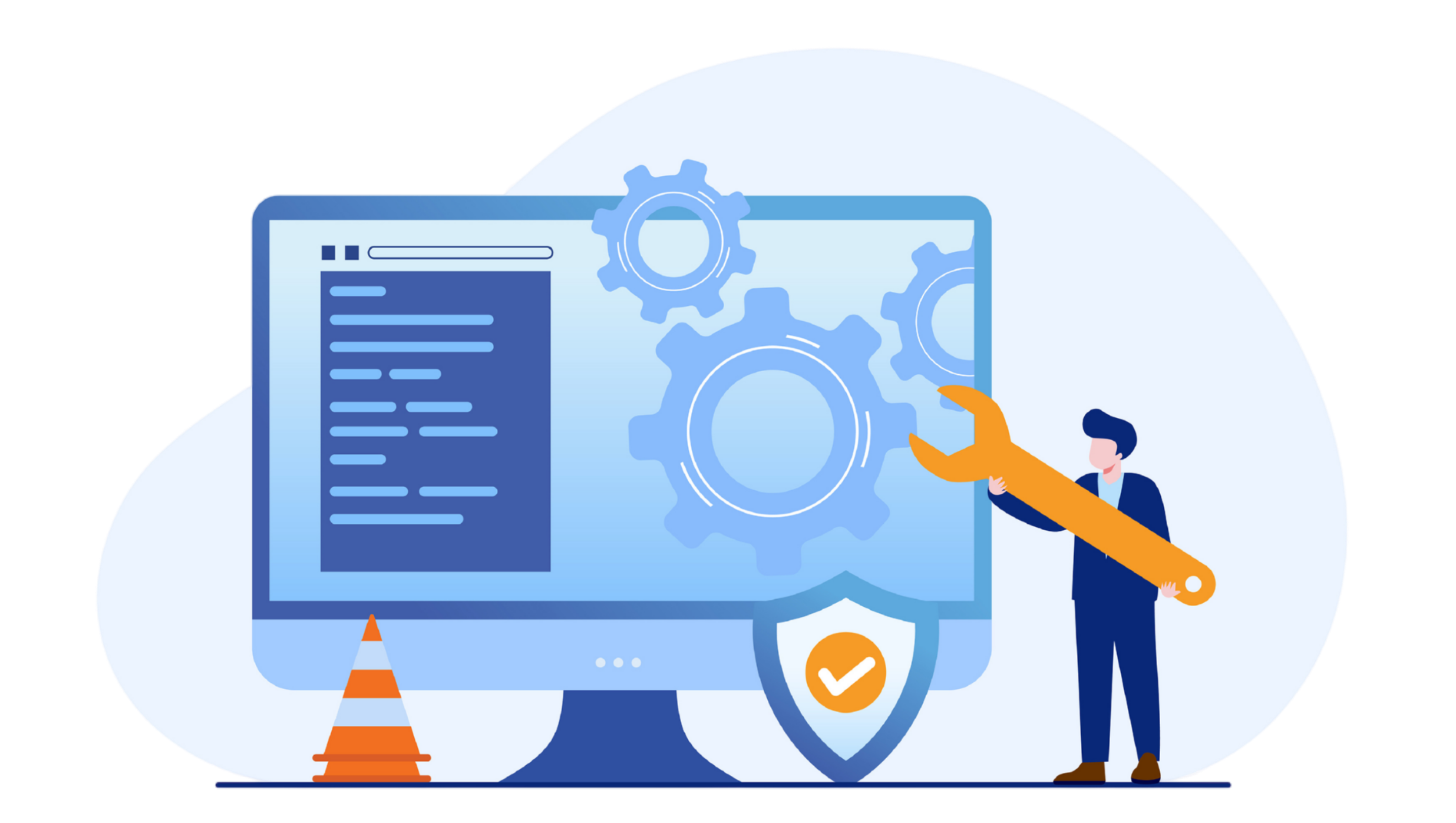 A person holding a large wrench next to a computer monitor displaying gears and lines of code, with a traffic cone and a security shield at the base.