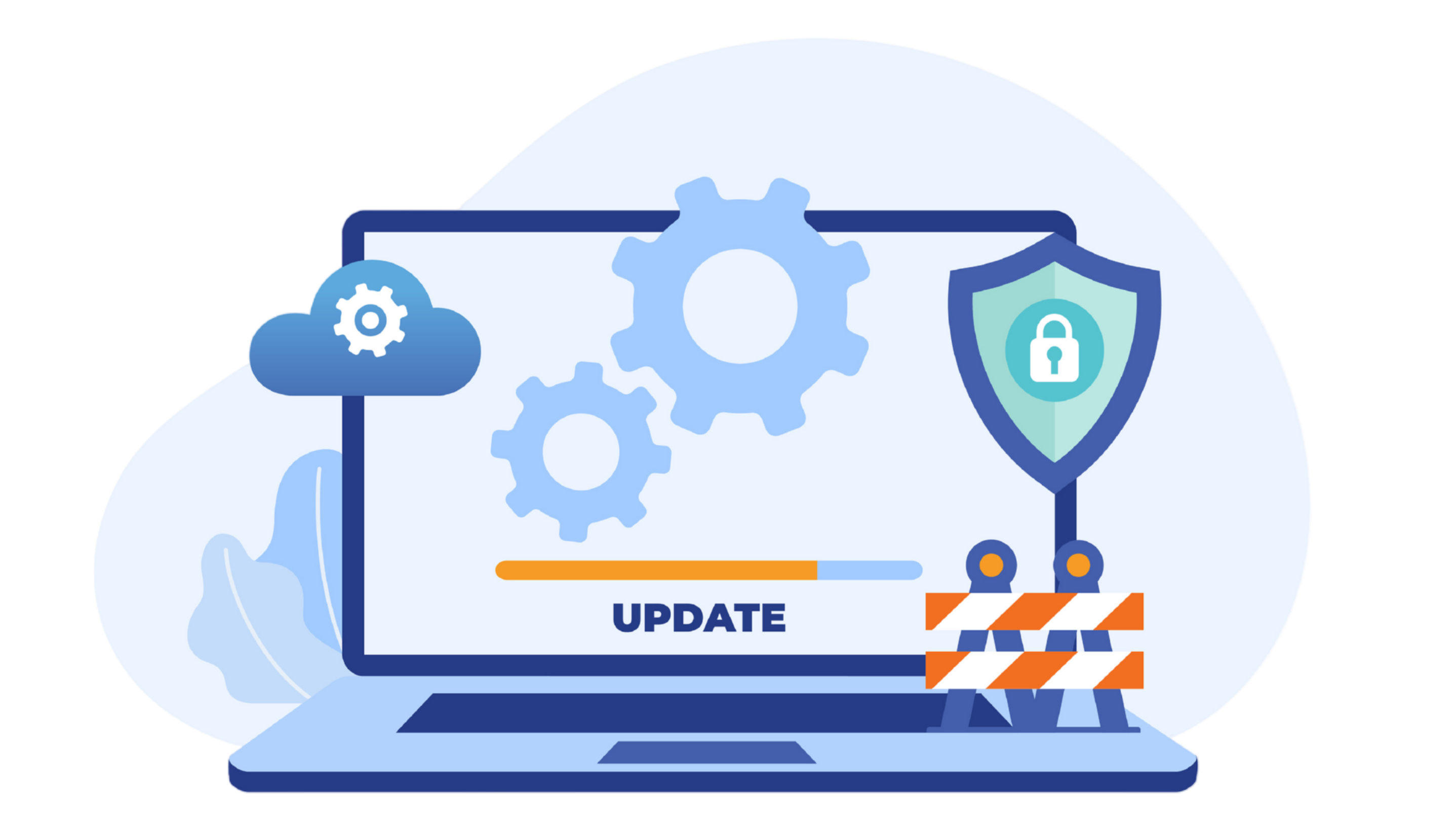 A large blue shield with a lock icon and an orange key, positioned in front of a laptop showing locked folders.