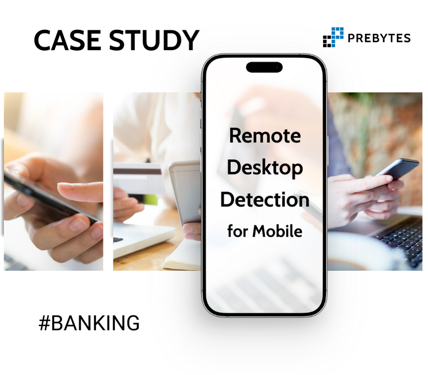 Grafika przedstawiająca smartfon z napisem ‘Remote Desktop Detection for Mobile’ i oznaczeniem #BANKING.