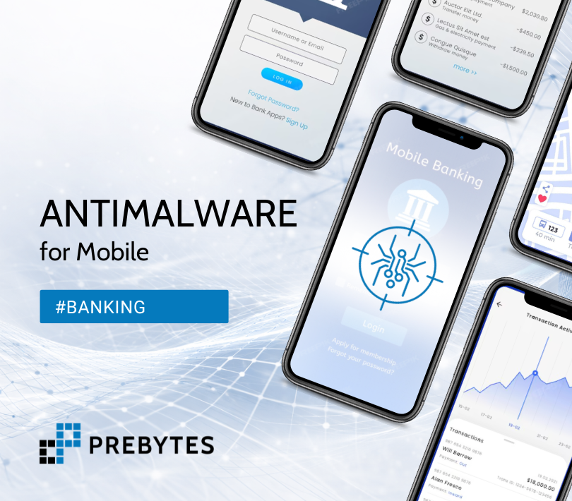 Mobile anti-malware for banking with smartphone app screens and PREBYTES logo.