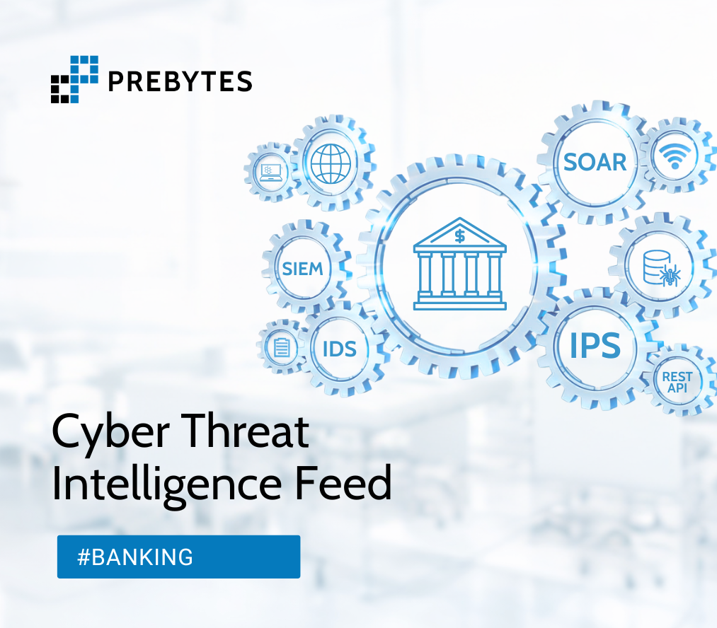 PREBYTES banner promoting Cyber Threat Intelligence Feed for the banking sector; on the right, blue gears display security icons and labels including SIEM, IDS, IPS, SOAR, and REST API, with a bank symbol in the center.