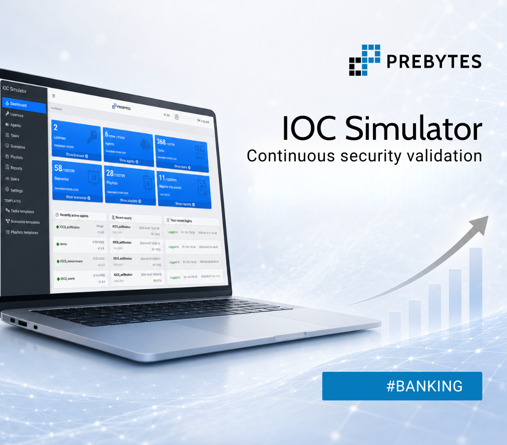 PREBYTES case study cover: laptop showing the IOC Simulator application dashboard.